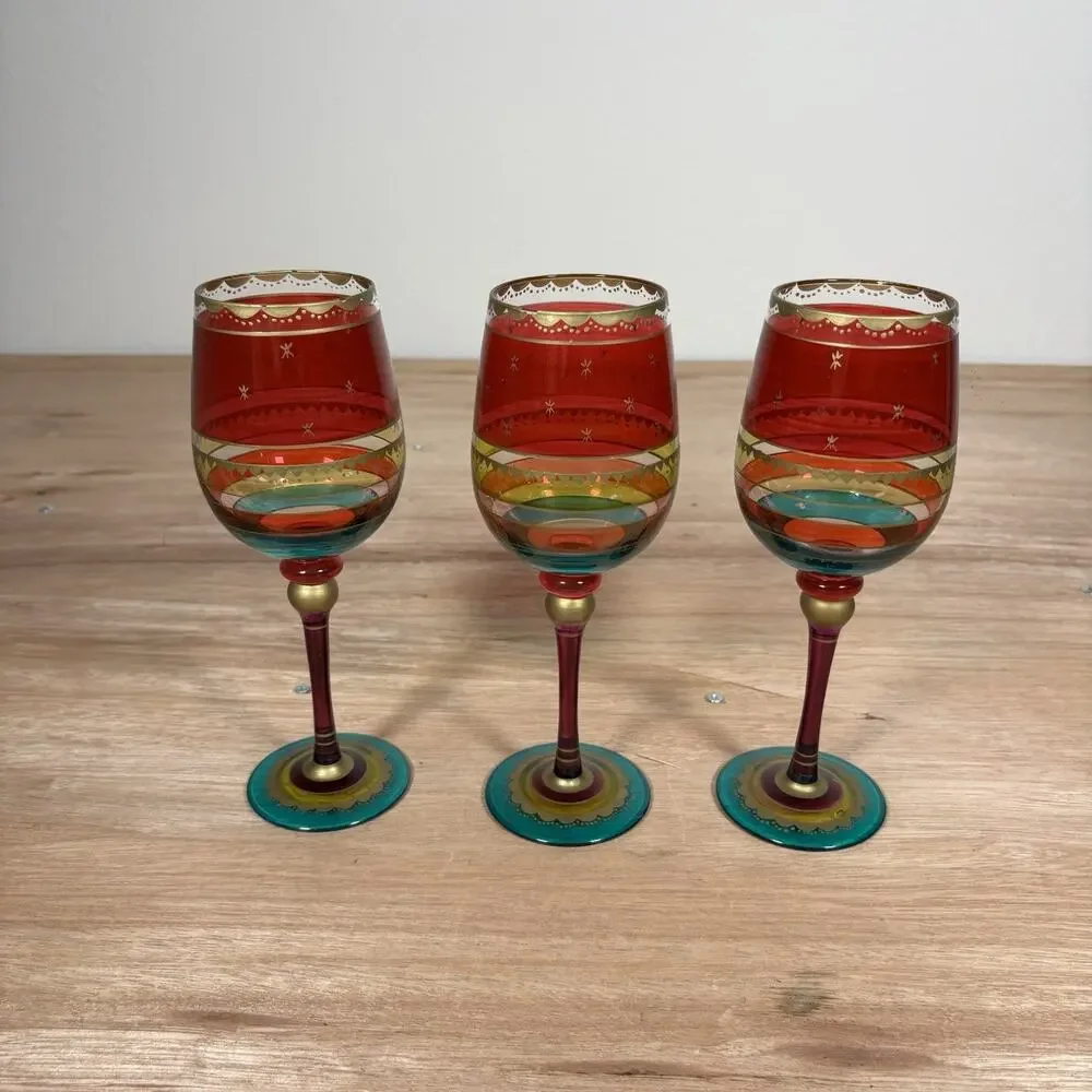 Pier 1 Festive Stripe Red Gold Purple Green Bands Stem Wine Glass Gold‎ Set Of 3